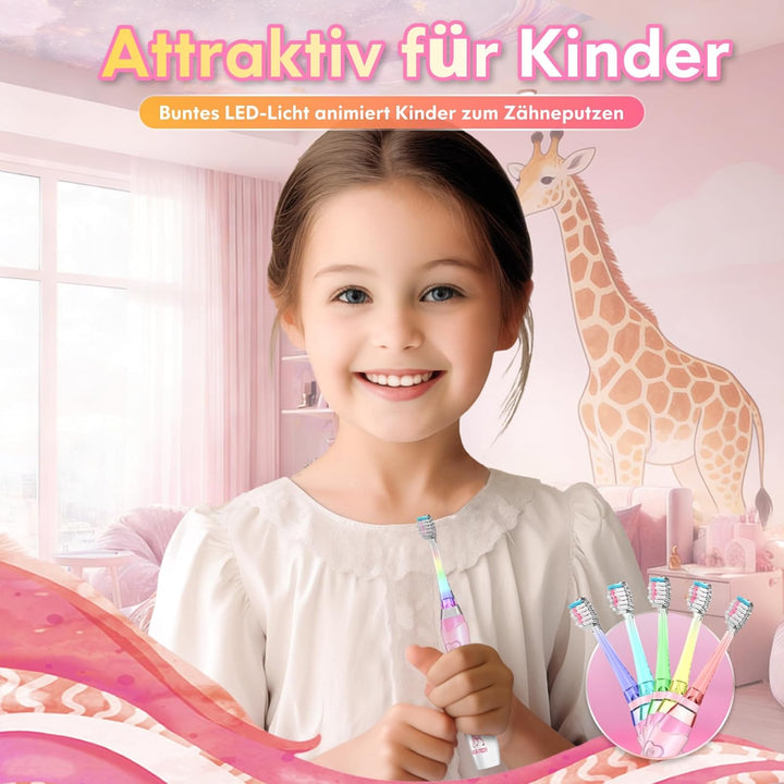 Elektrische Zahnbürste Kinder ab 3-6-8-12 Jahre mit buntem Regenbogen-LED-Licht Integrierter Timer 9
