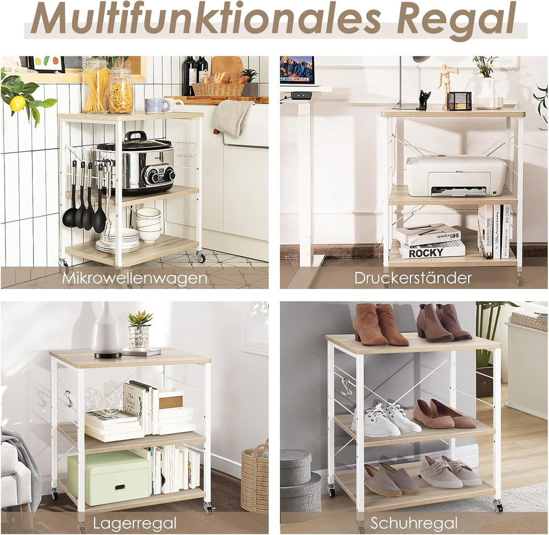 COSTWAY 3 Ebenen Servierwagen, Rollwagen mit Verstellbarer Ablage & 10 abnehmbaren Haken, Küchenwage