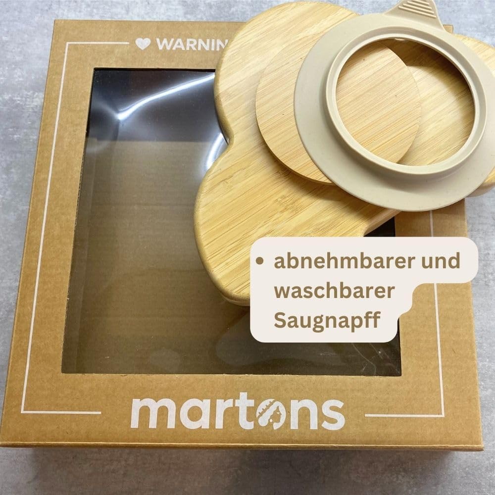 Martons Hochwertiges Bambus Teller mit Saugnapf, Rutschfestem mit passendem Baby Löffel, Geschirr Se