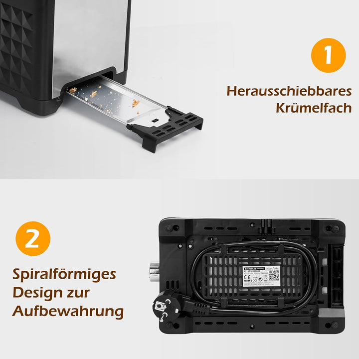 Taylor Swoden Toaster 2 Scheiben, Edelstahl Toaster mit 7 Einstellbare Bräunungsstufen, Auftaufunkti