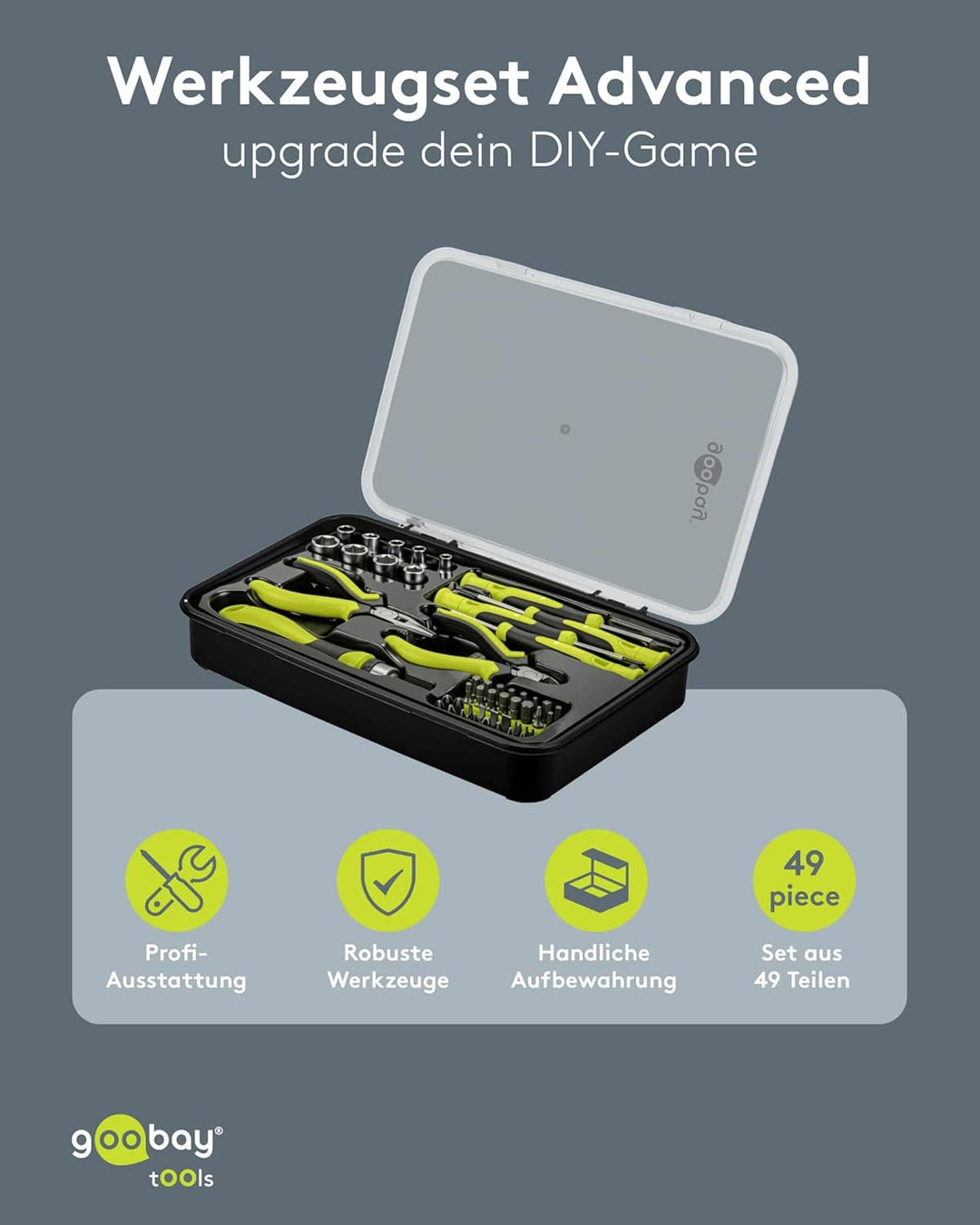 goobay Handwerkzeug-Set 49-teilig mobiles Werkzeugset für Heimwerkerarbeiten und unterwegs-Schrauben