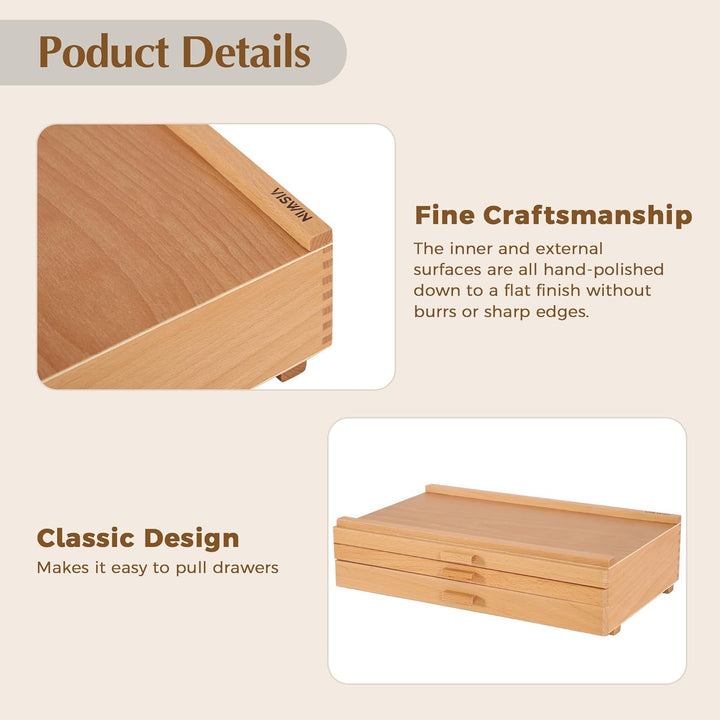 VISWIN 3-Schublade Holz Artist Supply Storage Box mit abnehmbaren Trennwänden, Premium Buche Holz Ar
