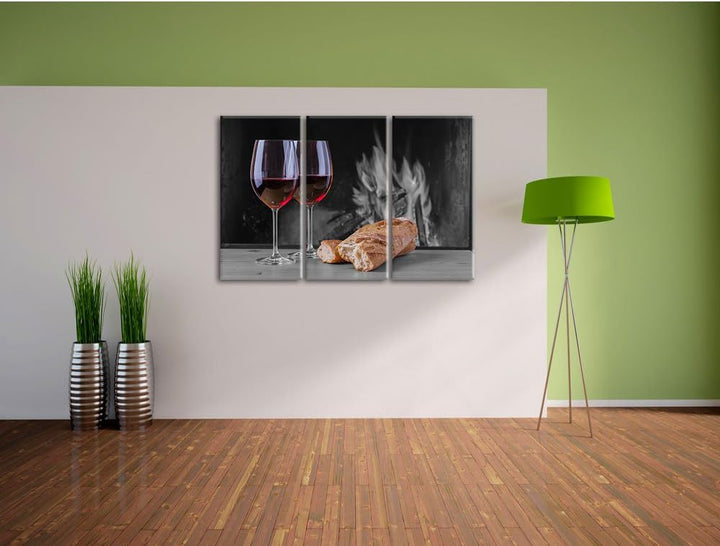 Pixxprint Baguette Wein Picknick als Leinwandbild/Grösse: 3 Teilig (120x80) cm/Wandbild/Kunstdruck/f