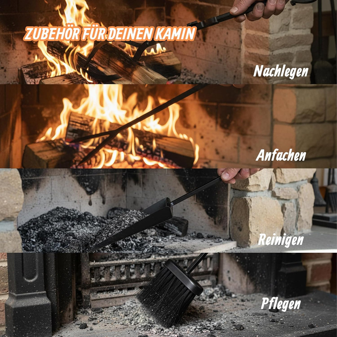 Relaxdays Kaminbesteck, 5-TLG. Set, Schürhaken, Schaufel, Aschebesen, Feuerzange, Wandhalterung, Ofe