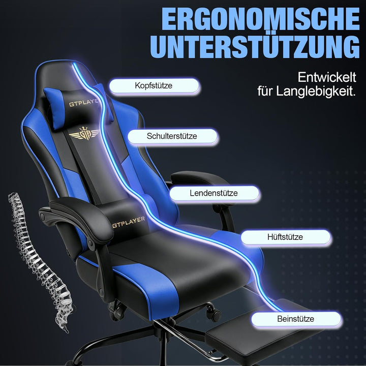 GTPLAYER Gaming Stuhl Chair Gamer Sessel - Ergonomischer Gamer Stuhl mit Fussstütze Kopfstütze und L