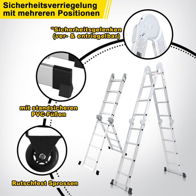 Joparri 4x4 Mehrzweckleiter 470cm 7 in 1 Alu Multifunktionsleiter bis 150 kg mit 2 Transport Rollen