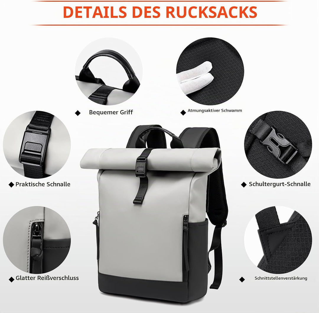 Rolltop Rucksack Damen Herren Gross Laptop Rucksack Wasserdichter mit Computerfach 17,3 Zoll Rucksäc