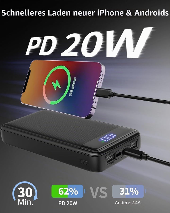 Power Bank 26800mAh, 22.5W Powerbank, Externer Handyakku Schnellladen USB C Input &amp; Output mit LED A