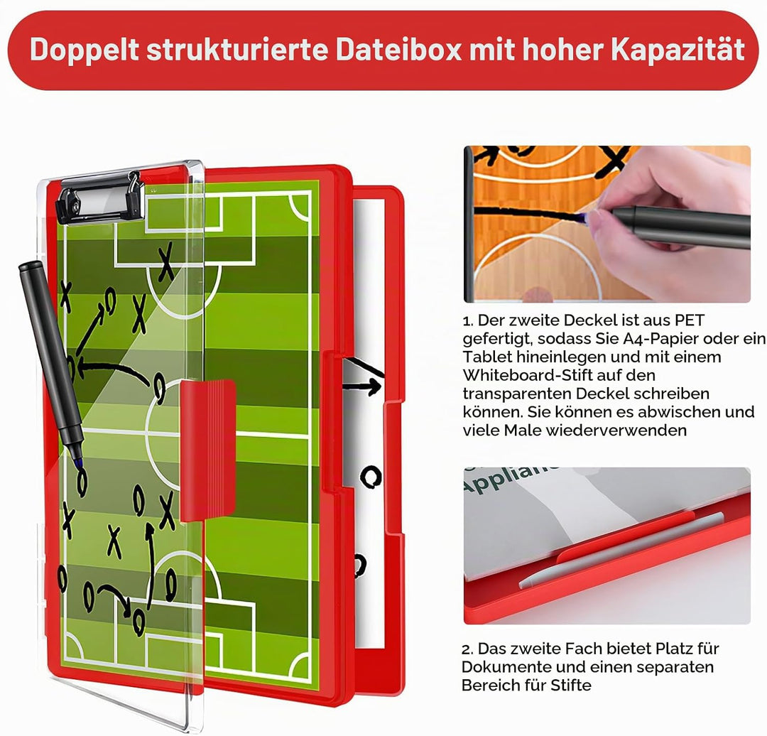 FRETONBA Klemmbrett a4 mit Aufbewahrungsfach, Rot Kunststoff-Klemmbrett, Leichtes Zwischenablage, Tr