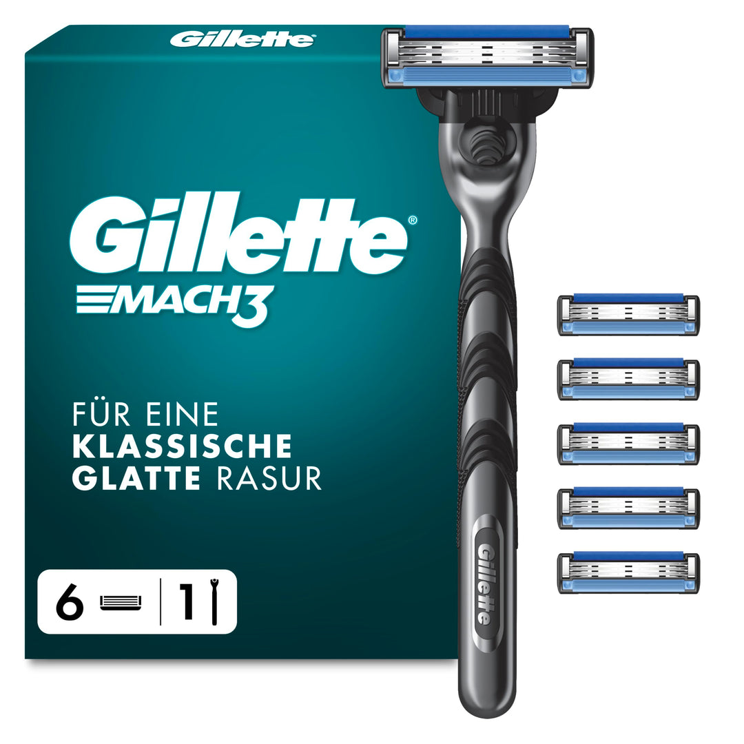 Gillette Mach3 Basis Rasierer für Männer, 1 Gillette Rasierer, 6 Ersatzklingen, Mit Gleitstreifen fü