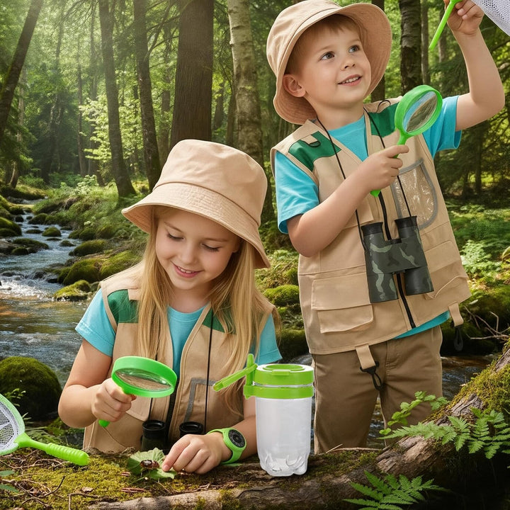 Forscherset für Kinder, 11Pcs Safari Kostüm mit Entdeckerhut Weste Fernglas Kinder Schmetterlingsnet