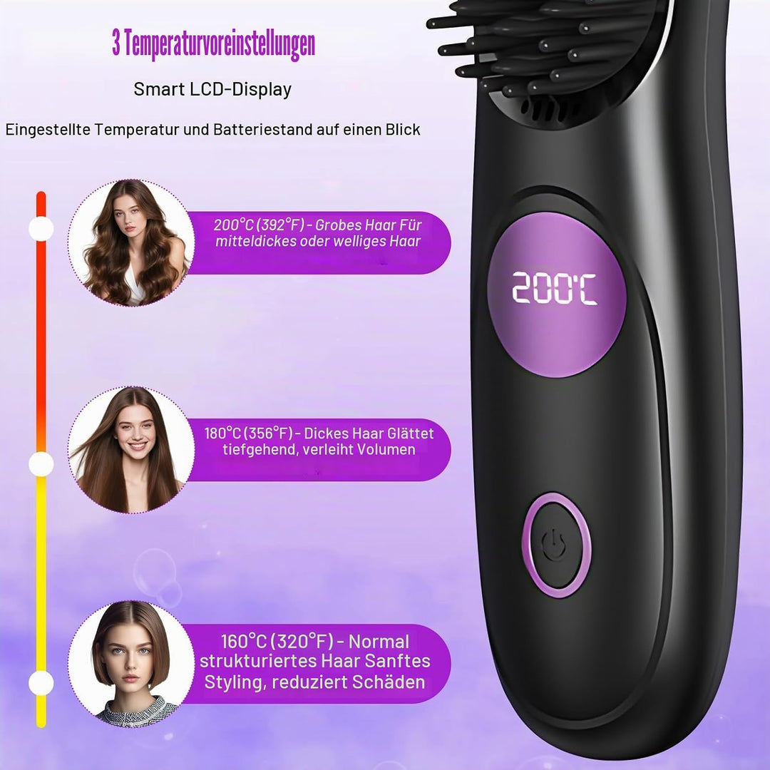 Tragbarer Stylingbürste, Stylingbürste für Kurze Haare, Glättbürste Kabellos mit 3 Temperaturen Vers