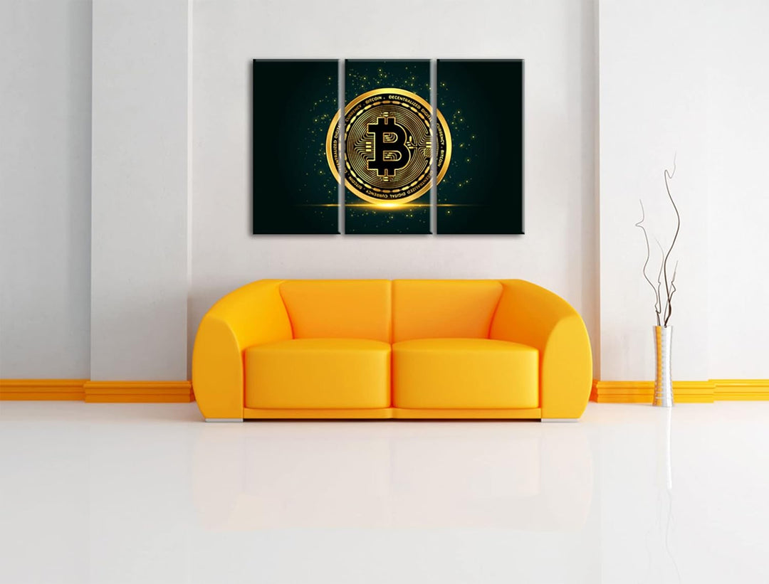 funkelnder Bitcoin BTCals Leinwandbild 3 teilig | Grösse: 120x80 cm | Wandbild | Kunstdruck | fertig