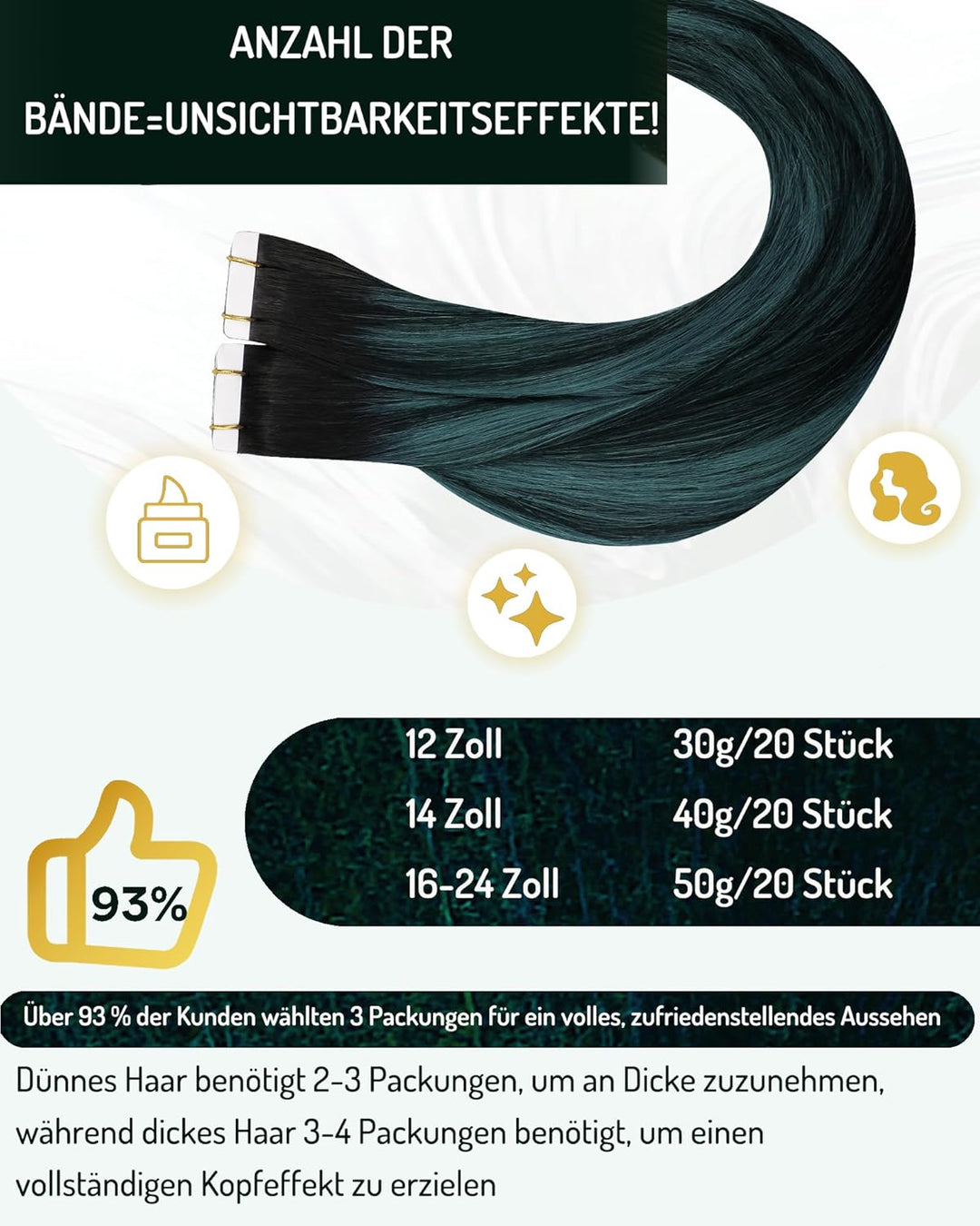 RUNATURE Invisible Tape Extensions Echthaar Schwarz Ombre Teal 45cm 20 Stück Haarverlängerung Tape E