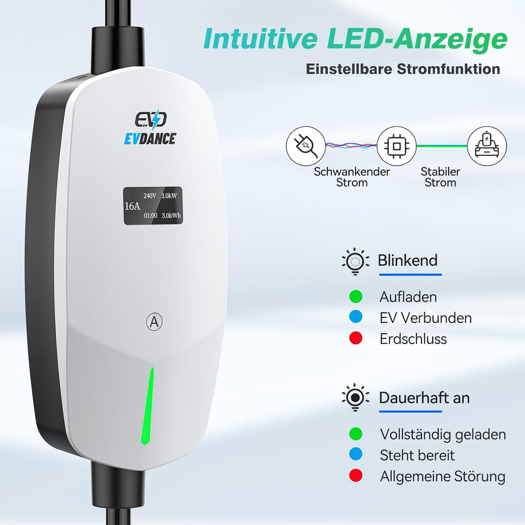 EVDANCE Ladekabel Typ 2 Schuko 6.1m 3.68KW Tragbares Ladegerät mit OLED Bildschirm 6-16A für PHEV/EV