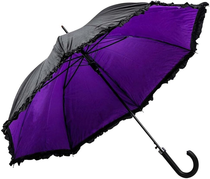 LUCKYWEATHER Regenschirm Stockschirm Damen Rüschenschirm schwarz/violett Auf-Automatik Double Layer
