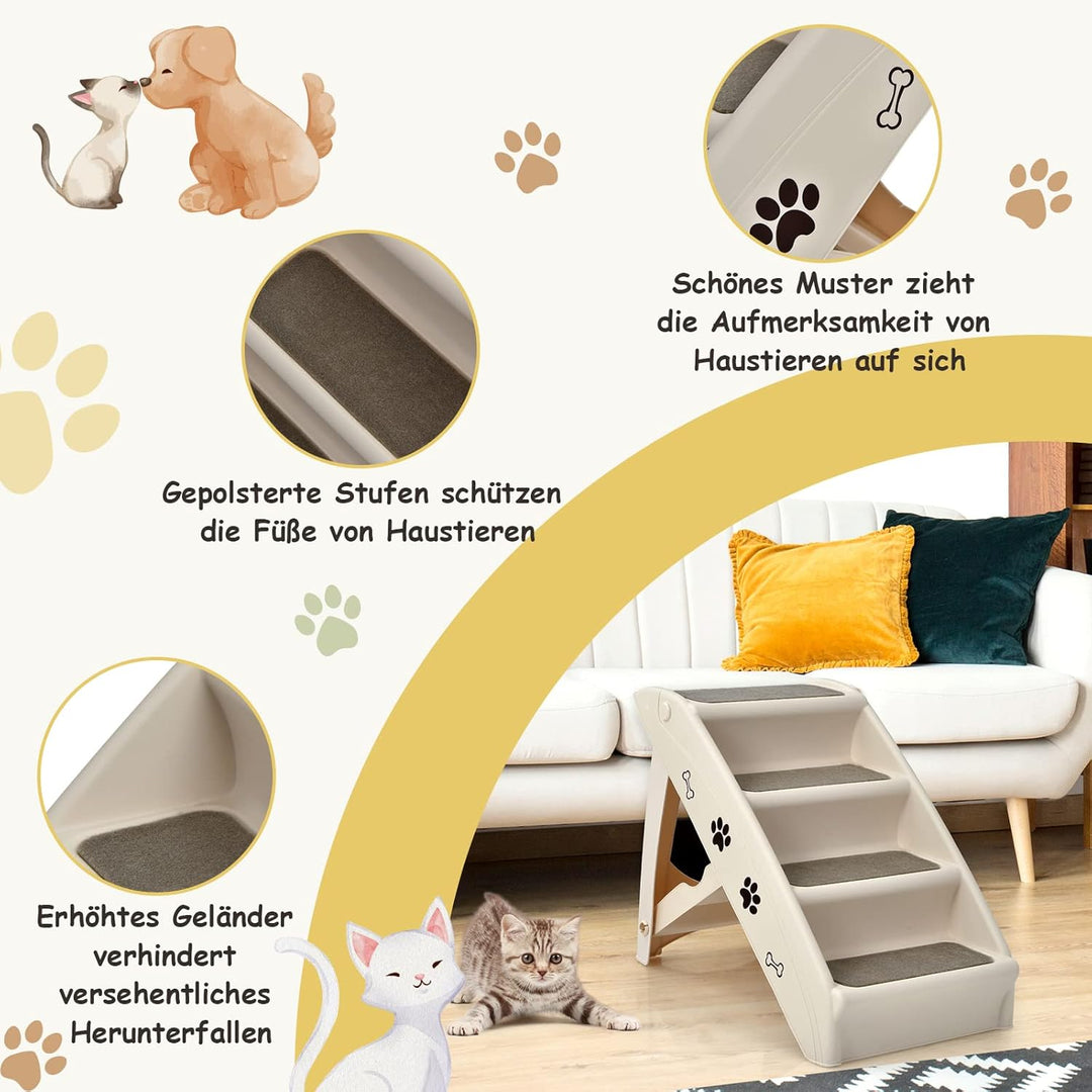 COSTWAY 4-stufige Haustiertreppe mit Teppichboden, Hundetreppe Kunststoff Katzentreppe faltbar, Hund