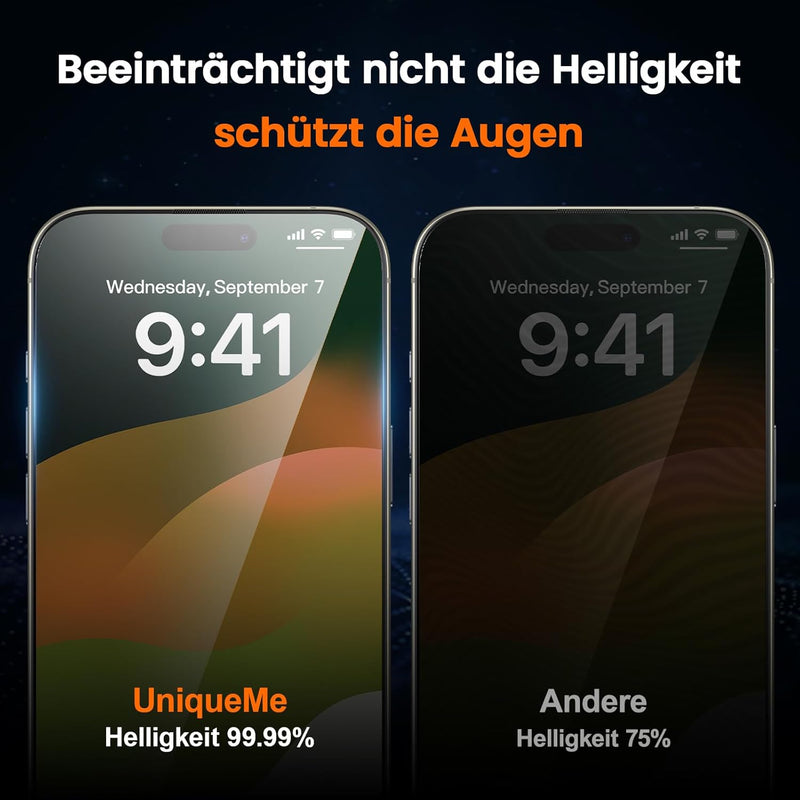 UniqueMe für iPhone 16 Pro für Panzerglas Sichtschutz - Automatische Staubentfernung,Bruchsicher Mil