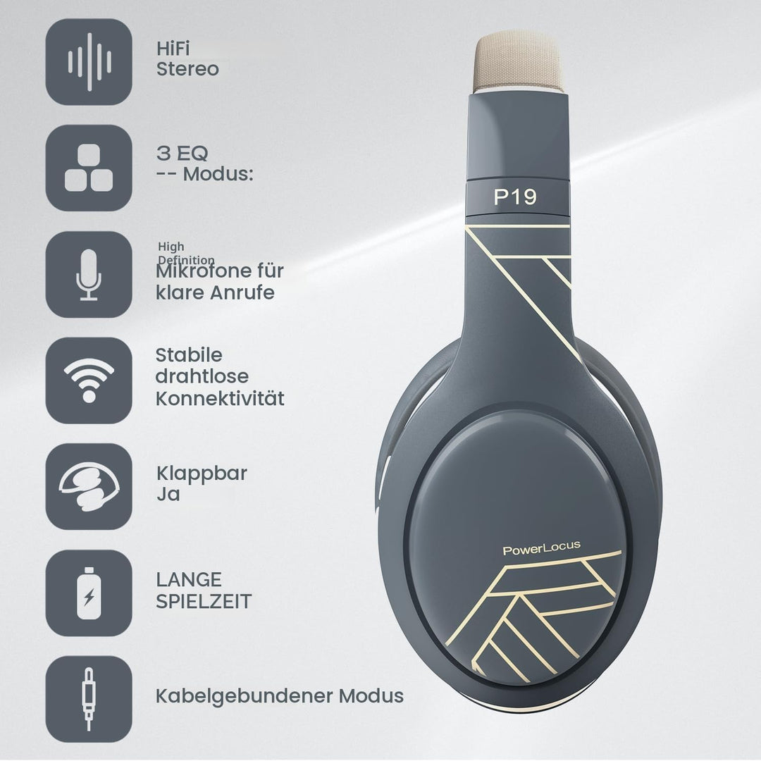 PowerLocus Bluetooth Kopfhörer Over Ear, Kabellos mit 3-EQ modi, 60std. Spielzeit, Hi-Fi-Stereo Falt
