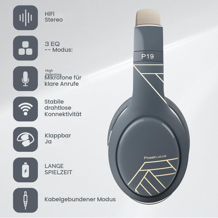 PowerLocus Bluetooth Kopfhörer Over Ear, Kabellos mit 3-EQ modi, 60std. Spielzeit, Hi-Fi-Stereo Falt