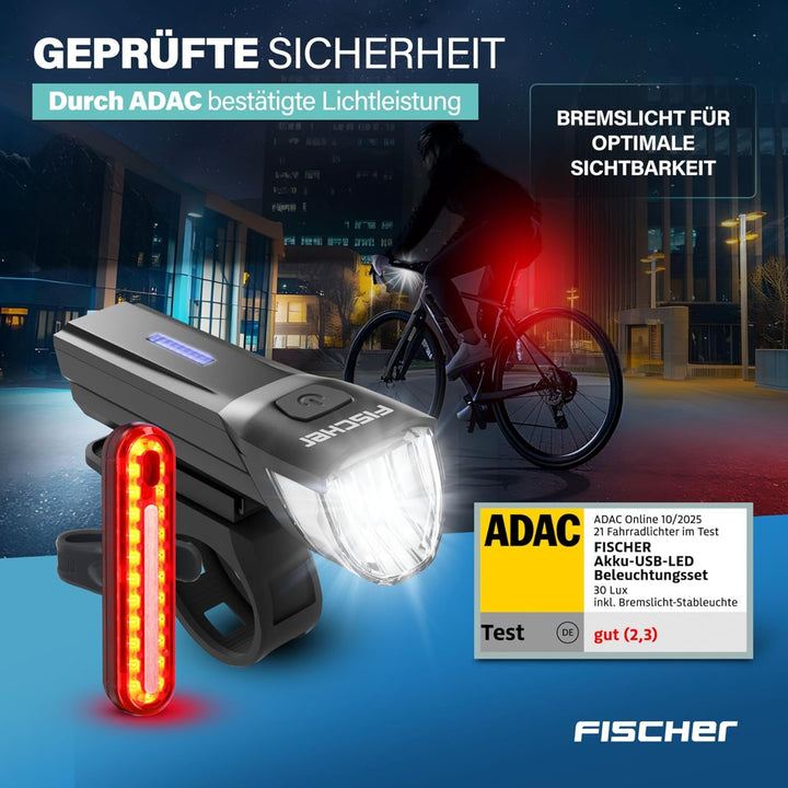 FISCHER Fahrrad-Beleuchtungsset Stop 30/15 Lux mit Bremslicht, Front- und Rückleuchte, mit Akku und