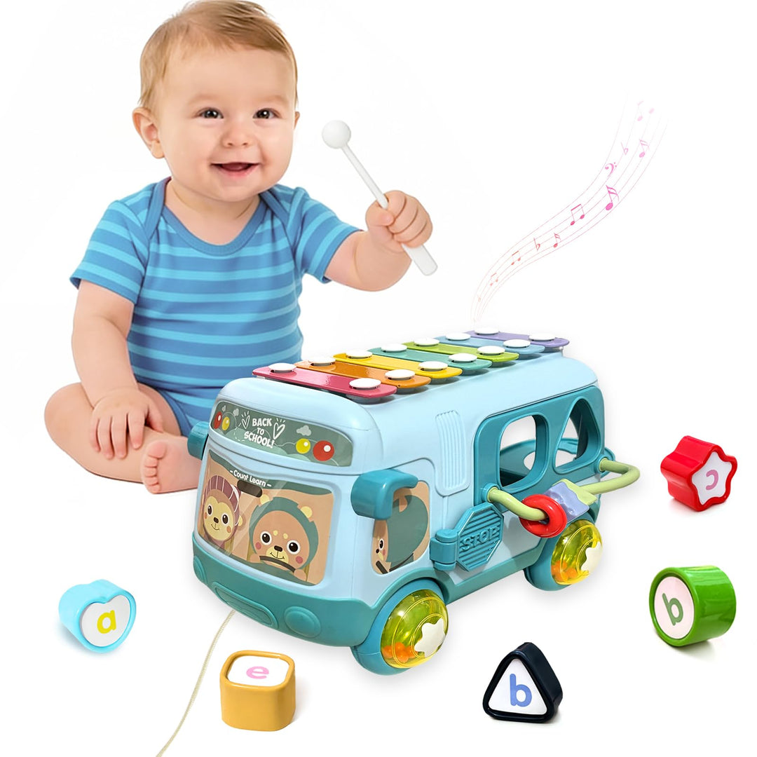 Montessori Spielzeug Musikalischer Bus mit Xylophon Motorikwürfel Rassel Rad Geschenk für Mädchen ab
