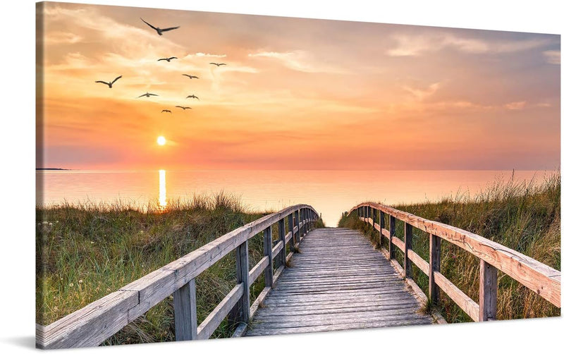 PICANOVA – Bild auf Leinwand Holzweg zum Meer 100x50cm – Leinwandbild – Premium Leinwanddruck – Wand