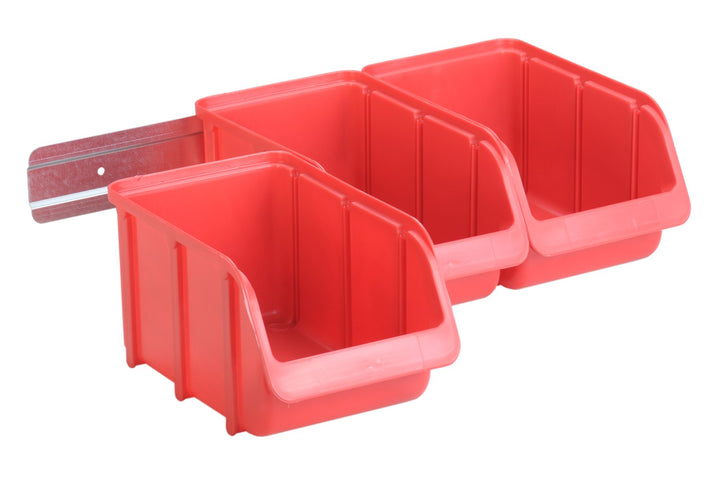 hünersdorff 656600 Sichtboxen-Set: 1x Kunststoffschiene plus 3 x Lagerboxen der Grösse 3, Wandhalter