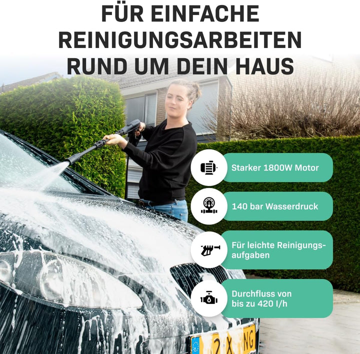 VONROC Hochdruckreiniger 140bar - Fassadenreiniger für mittlere Reinigungsarbeiten [1800W] - Durchfl