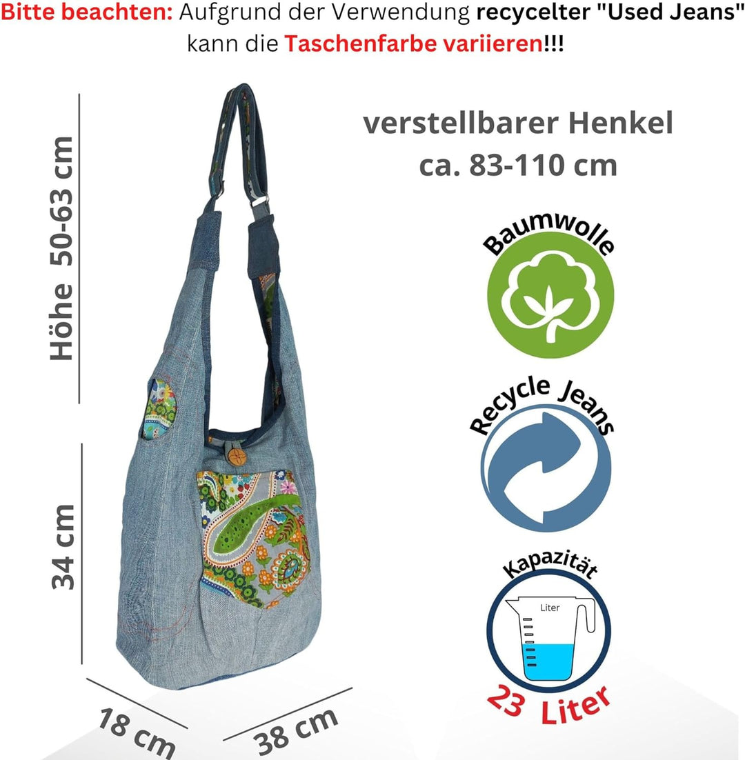 Sunsa Damen nachhaltig Hobo Tasche, Umhängetasche aus recycelte Jeans & Baumwolle. Boho Crossbody Ba