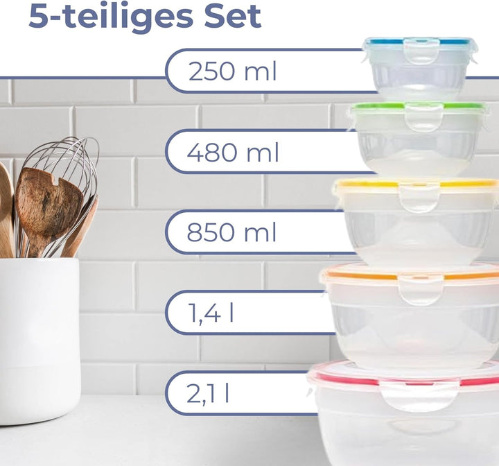 LocknLock PP Classic Vorratsdosen Set 5tlg., 250ml, 480ml, 850ml, 1,4L, 2,1L, Vorratsdosen mit Decke