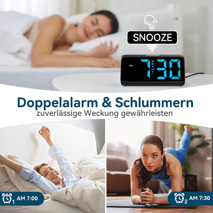 Netzu Lauter Wecker für Tiefschläfer, Digitalwecker mit LED Display, Doppelalarm, 5 Helligkeitsdimme
