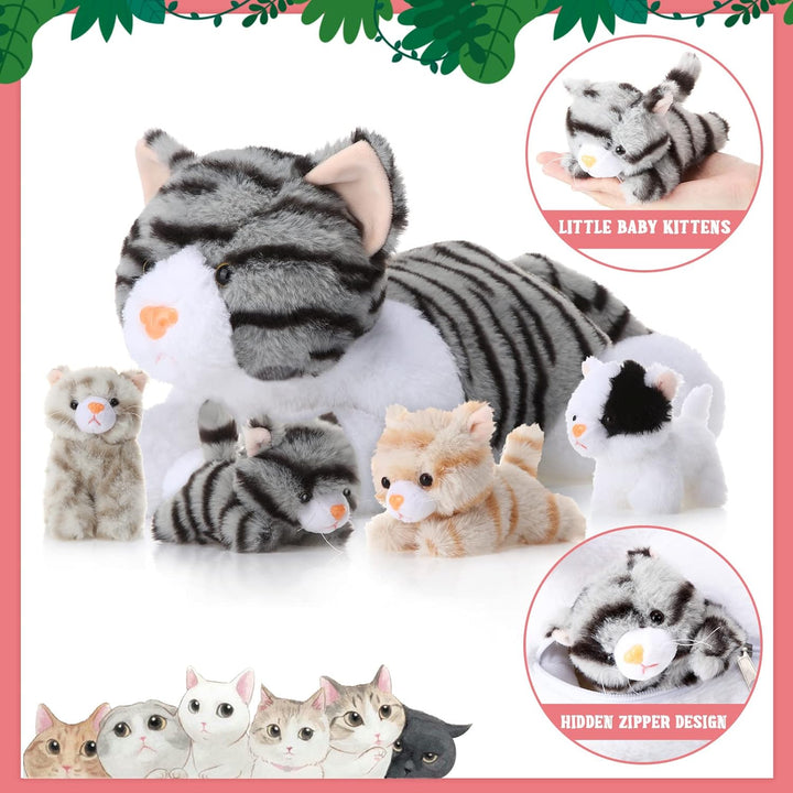 Skylety 5 Stück Katze Kuscheltier mit Babys Darin Mama Katze mit 4 Süssen Flauschigen Kätzchen Plüsc