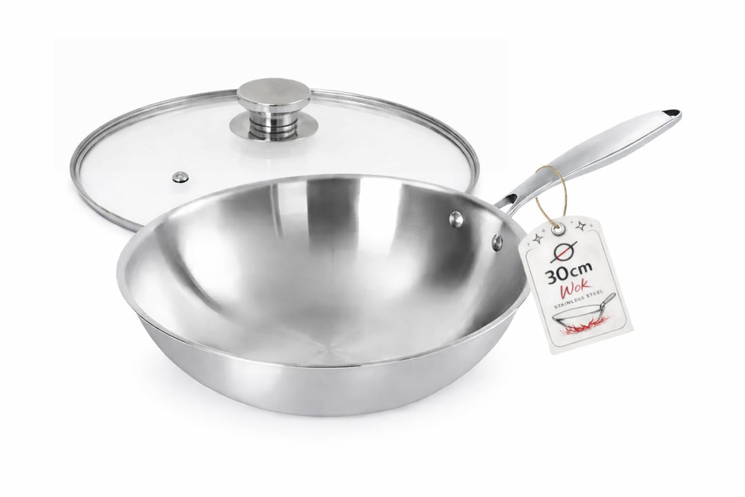 ⌀30 cm Wok Pfanne aus Edelstahl, unbeschichtet & langlebig, 3-lagiges Material für optimale Wärmever