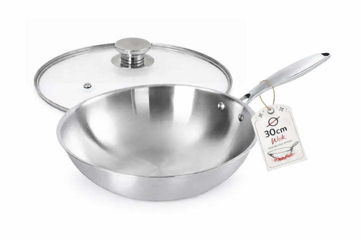 ⌀30 cm Wok Pfanne aus Edelstahl, unbeschichtet & langlebig, 3-lagiges Material für optimale Wärmever