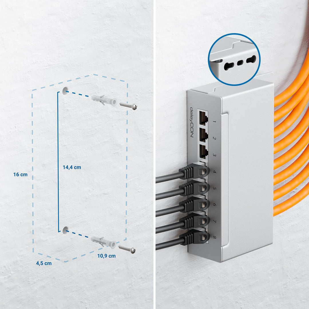 deleyCON CAT 6 Patchpanel Verteilerfeld 8 Port - Desktop & Wandmontage - Geschirmt - 8x RJ45 Buchse