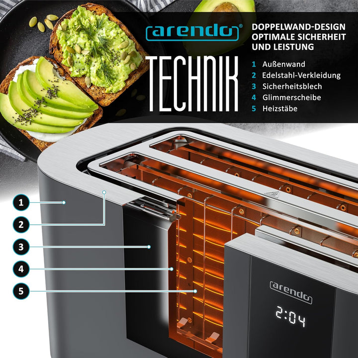 Arendo - Edelstahl Toaster 4 Scheiben Langschlitz - Touchscreen – Doppelwandgehäuse – 1500 W – Integ