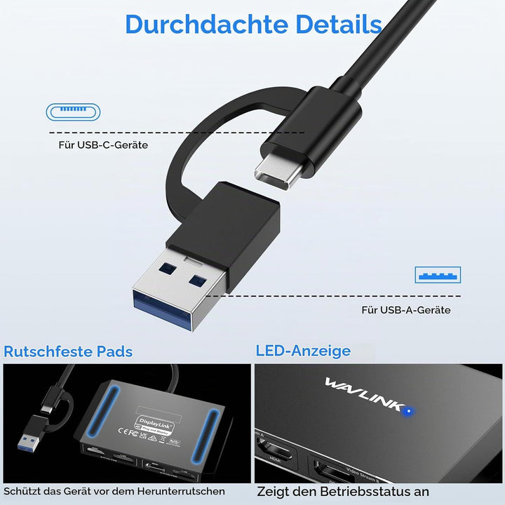 WAVLINK DisplayLink USB 3.0 or USB C to DisplayPort HDMI Adapter, Dual 5K/4K@60Hz 4IN1 Monitor Hub f