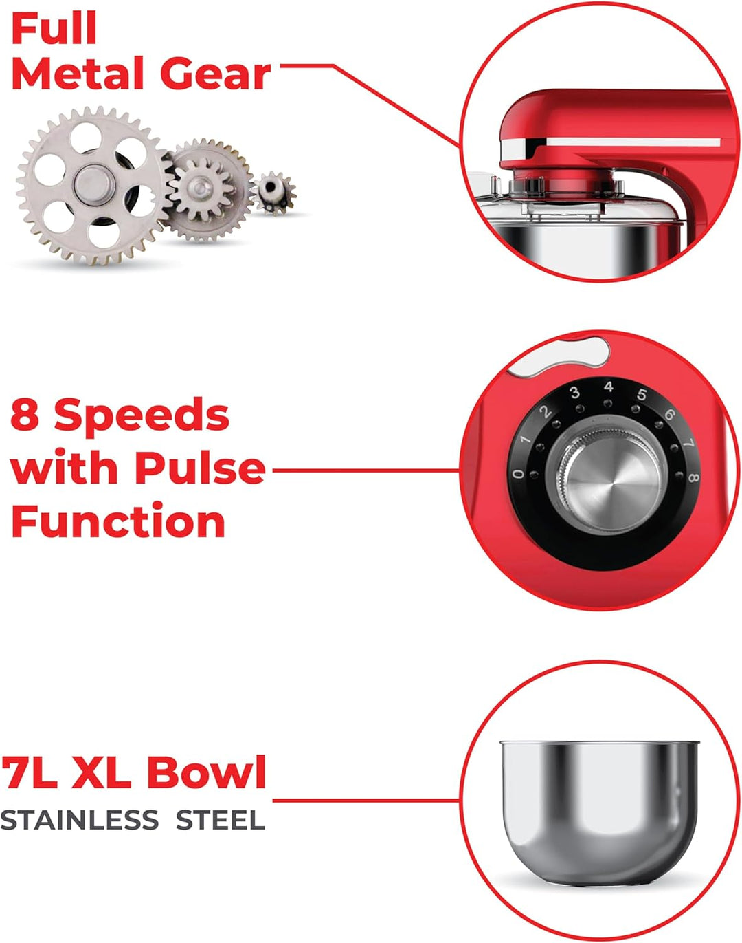 Müller Kitchen MK-6039 Küchenmaschine 7L inkl. Schneebesen, Knethaken und Rührhaken, Staubabdeckung