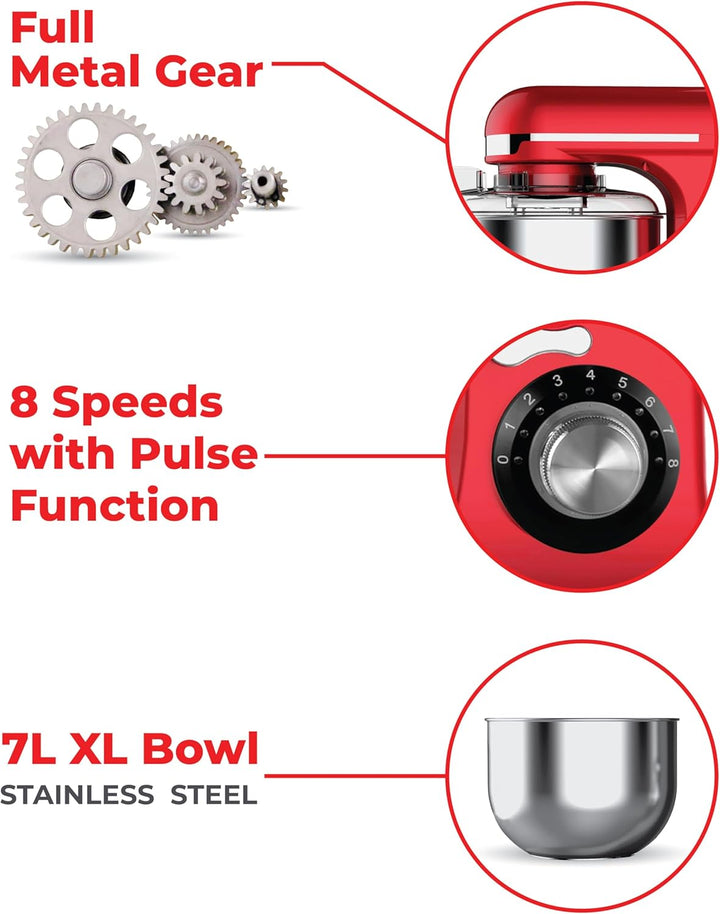 Müller Kitchen MK-6039 Küchenmaschine 7L inkl. Schneebesen, Knethaken und Rührhaken, Staubabdeckung