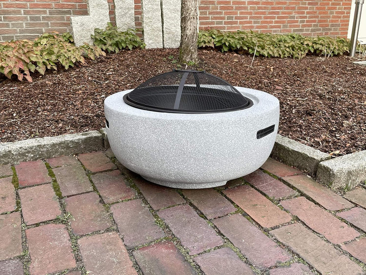 Feuerschale mit Funkenschutz für den Garten, rund, Ø 60 cm, Granitoptik, inkl. Schürhaken, mit Grill