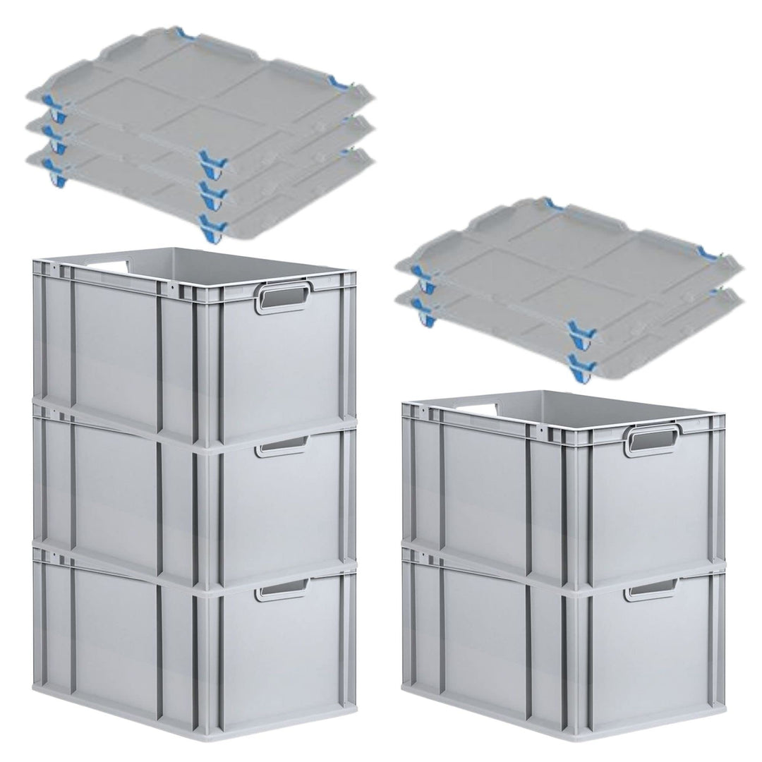 PROREGAL SparSet 5x Eurobox NextGen Grip mit Auflagedeckel &amp; 4 blauen Schiebeschnappverschlüssen, Hx