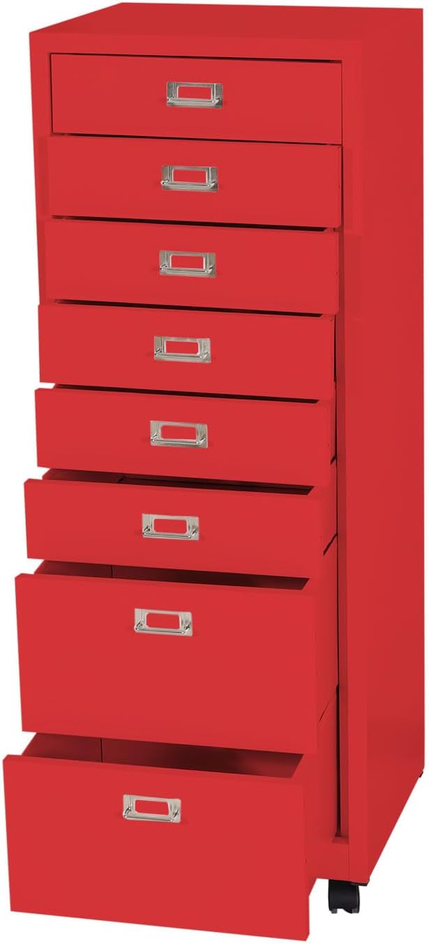 PROREGAL Rollcontainer, HxBxT 115x40x41 cm, Metall 8 Schubladen, Rot, Schubladenschrank Stahlschrank