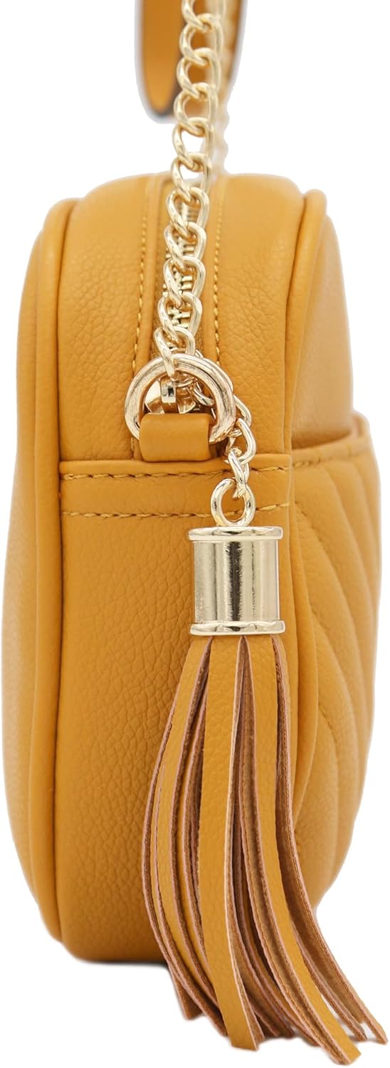 FashionPuzzle Chevron gesteppte Crossbody-Kameratasche mit Kettenriemen und Quaste Senf, Senf