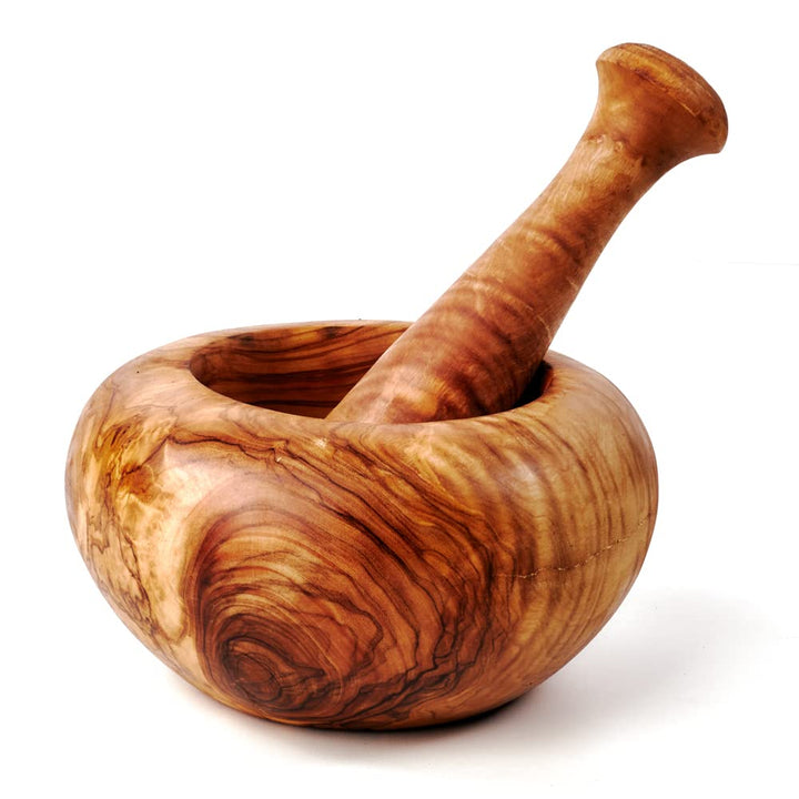 DAS OLIVENHOLZBRETT ® Mörser und Stössel aus Holz, Olivenholz, runder Rand (ca. 16cm Durchmesser), c