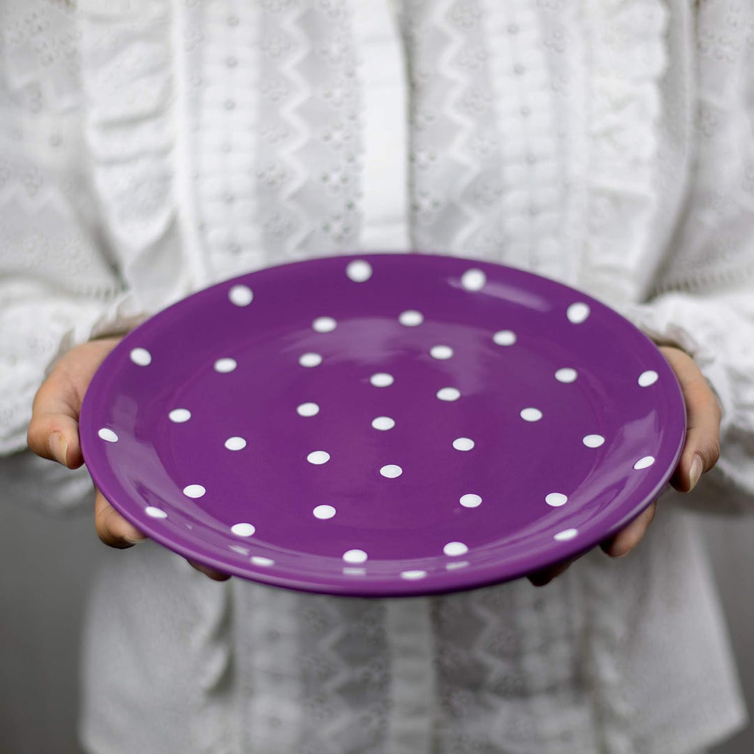 City to Cottage® - Keramik Teller 25.5 cm | Lila und Weiss | Polka Dots | Handgemacht | Grosser Spei
