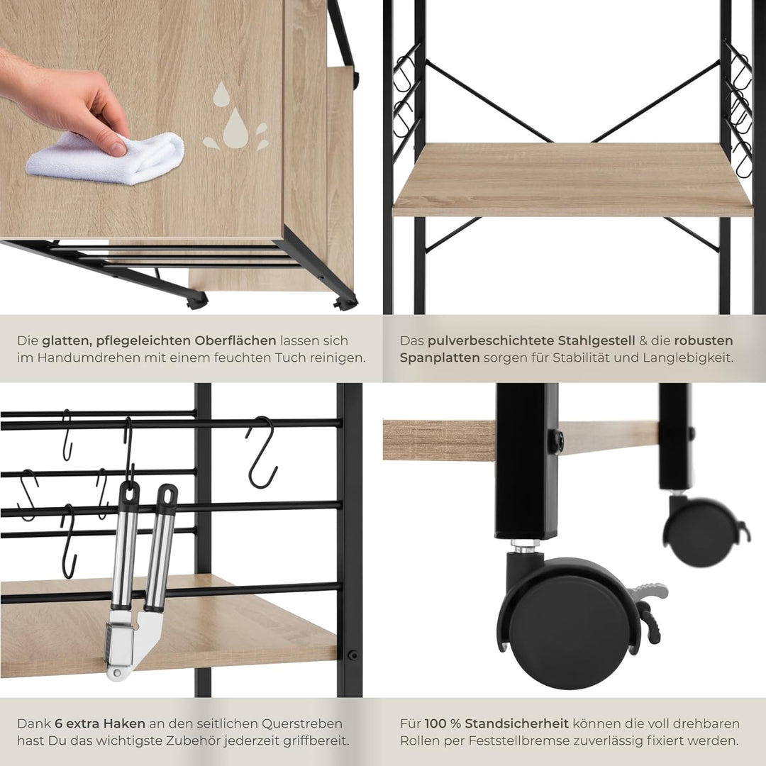 tectake® Industrial Servierwagen mit Rollen, Kücheninsel Küchenregal 3 Ablagen, Küchenschrank, Gewür