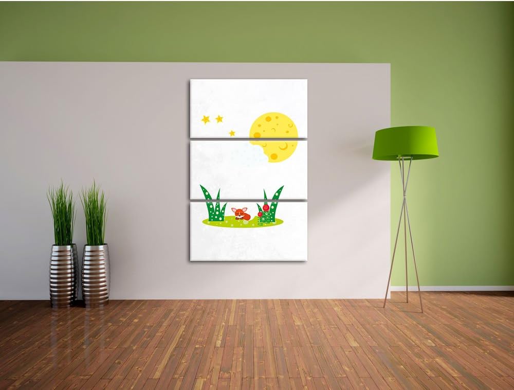 Pixxprint Fuchs auf Wiese nachts als Leinwandbild/Grösse: 3 Teilig (120x80) cm/Wandbild/Kunstdruck/f