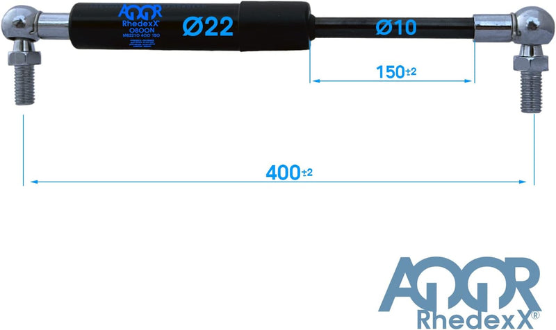 RhedexX® Gasdruckfeder Kugelkopf 400mm/150mm 100N-1.250N M8 Gewinde Gasdruckdämpfer (2OO N), 2OO N