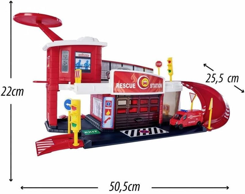 Dickie Toys 212050038 Feuerwehrstation, Launcher und Feuerwehrauto die cast Renault Master 7,5cm, 50